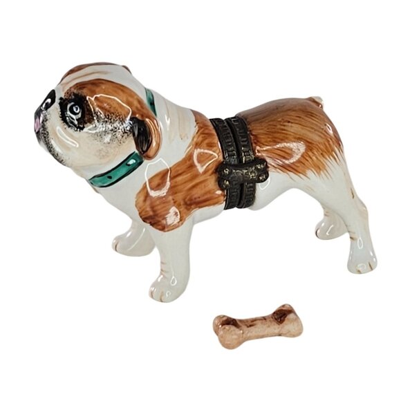 Vintage Studio USA Porcelain Bulldog Trinket Box With Bone - Picture 1 of 8
